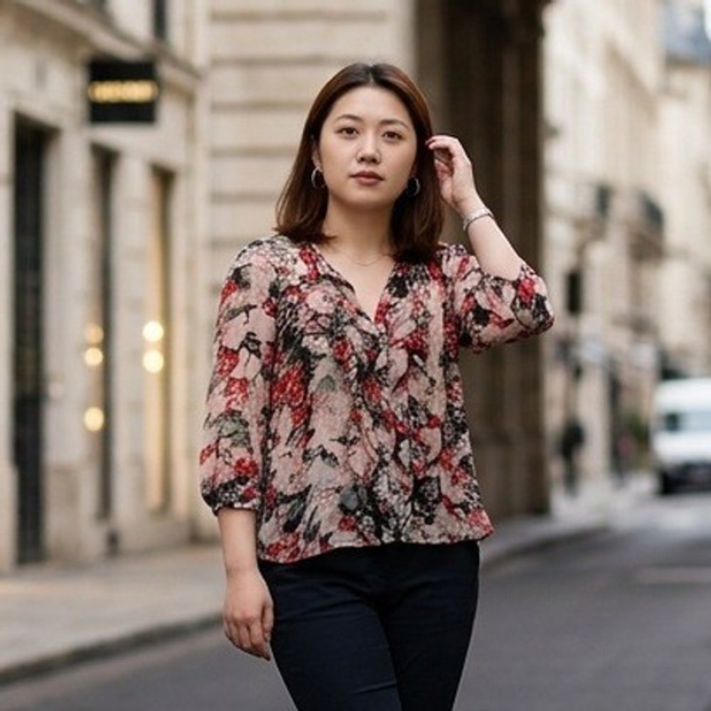 Joie 100% Silk XXS Floral Ruffle V-Neck Blouse 3/4 Sleeve Red Pink 3849-T5967